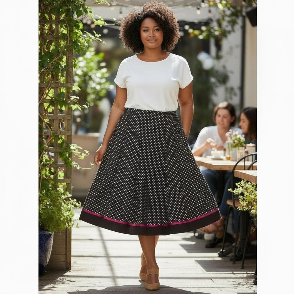 Cato 20W Plus Brown Polka Dot A‑Line Skirt Red Ribbon Trim Fit & Flare